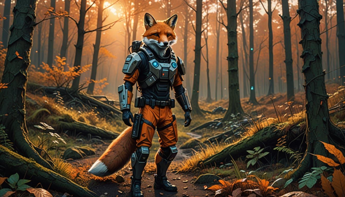 Cyberpunk Fox Patrols Autumn Forest at Sunset