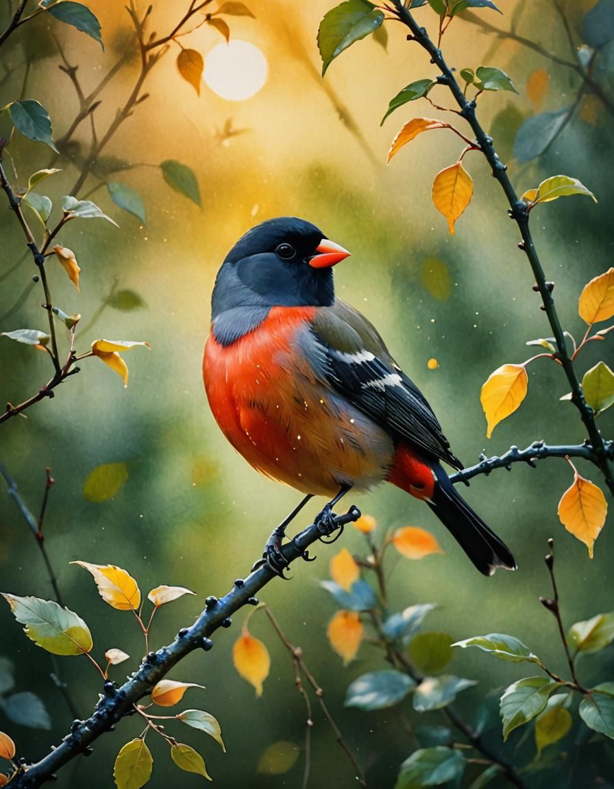 Bullfinch in Glass Watercolor at Sunset