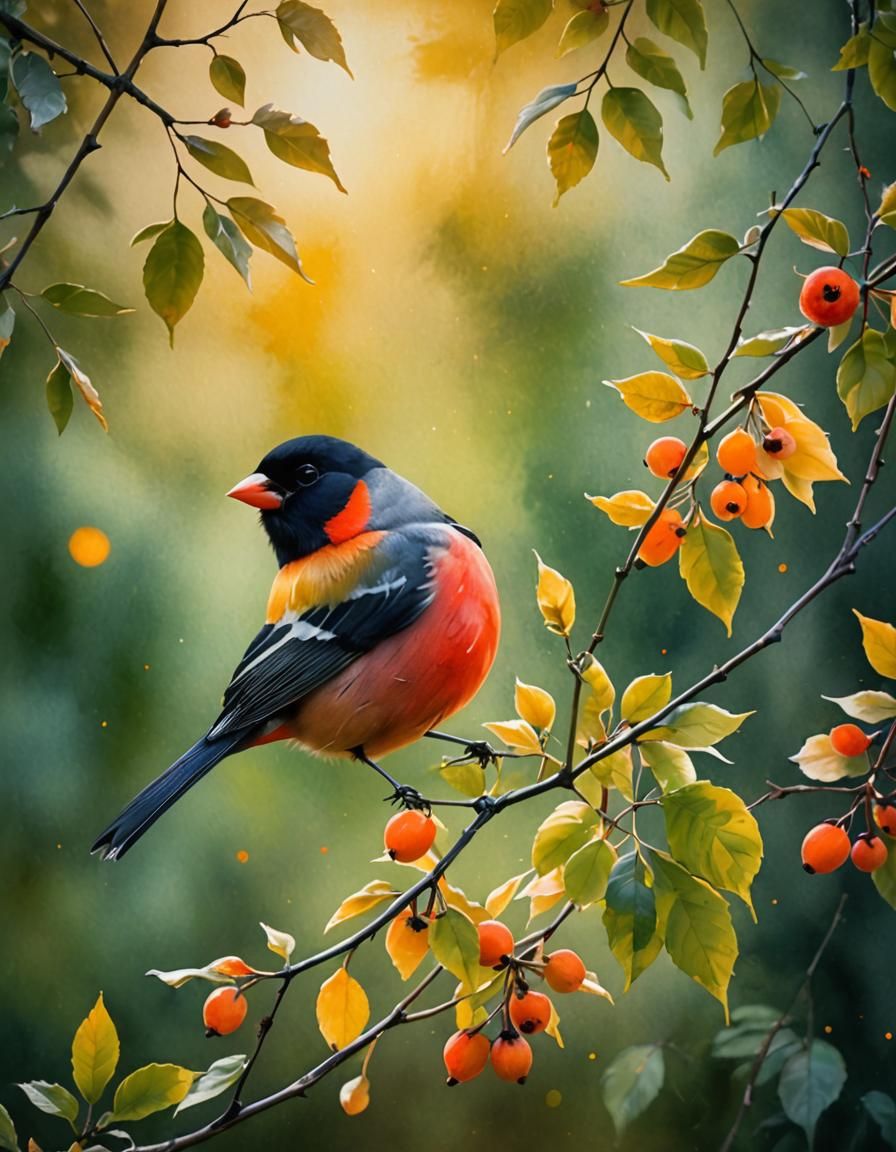 Bullfinch in Glass: Watercolor Oil Mist Painting