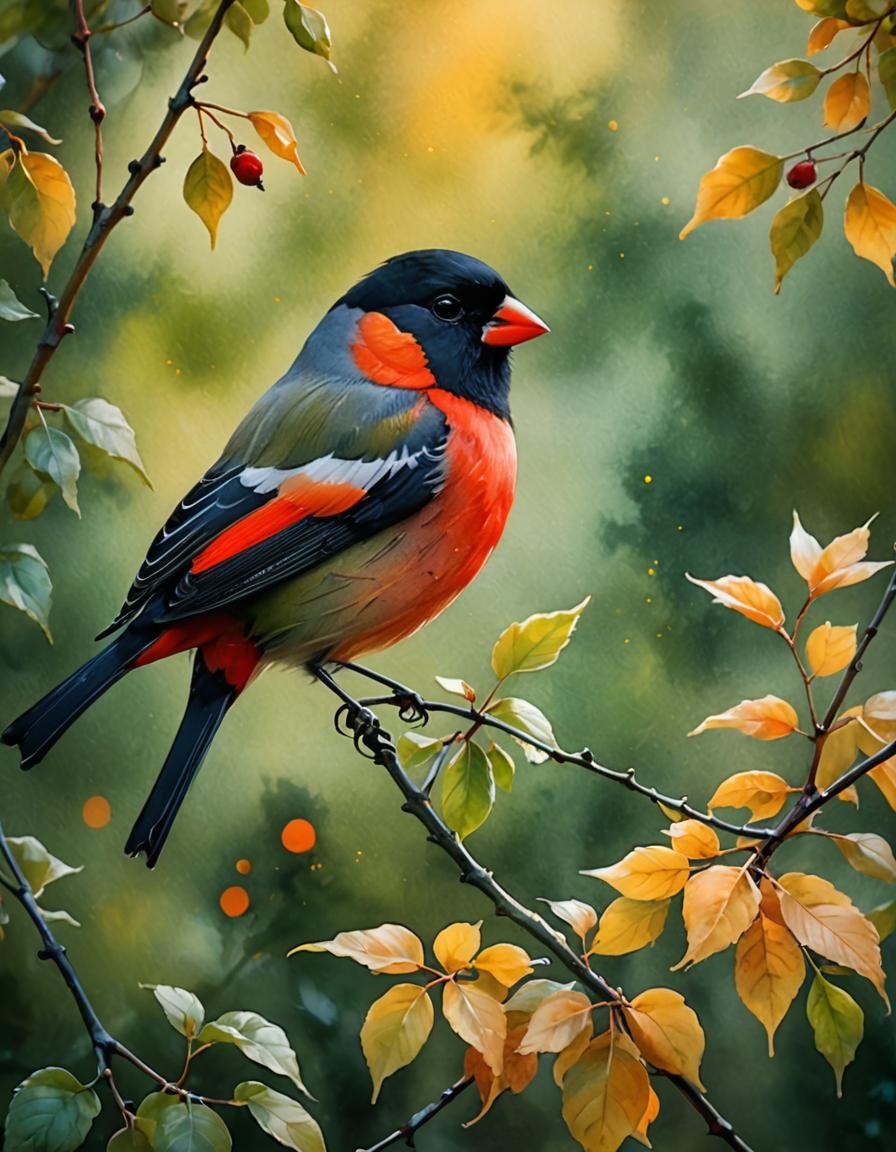 Oil Mist Painting of a Red-Breasted Bullfinch in Sunset