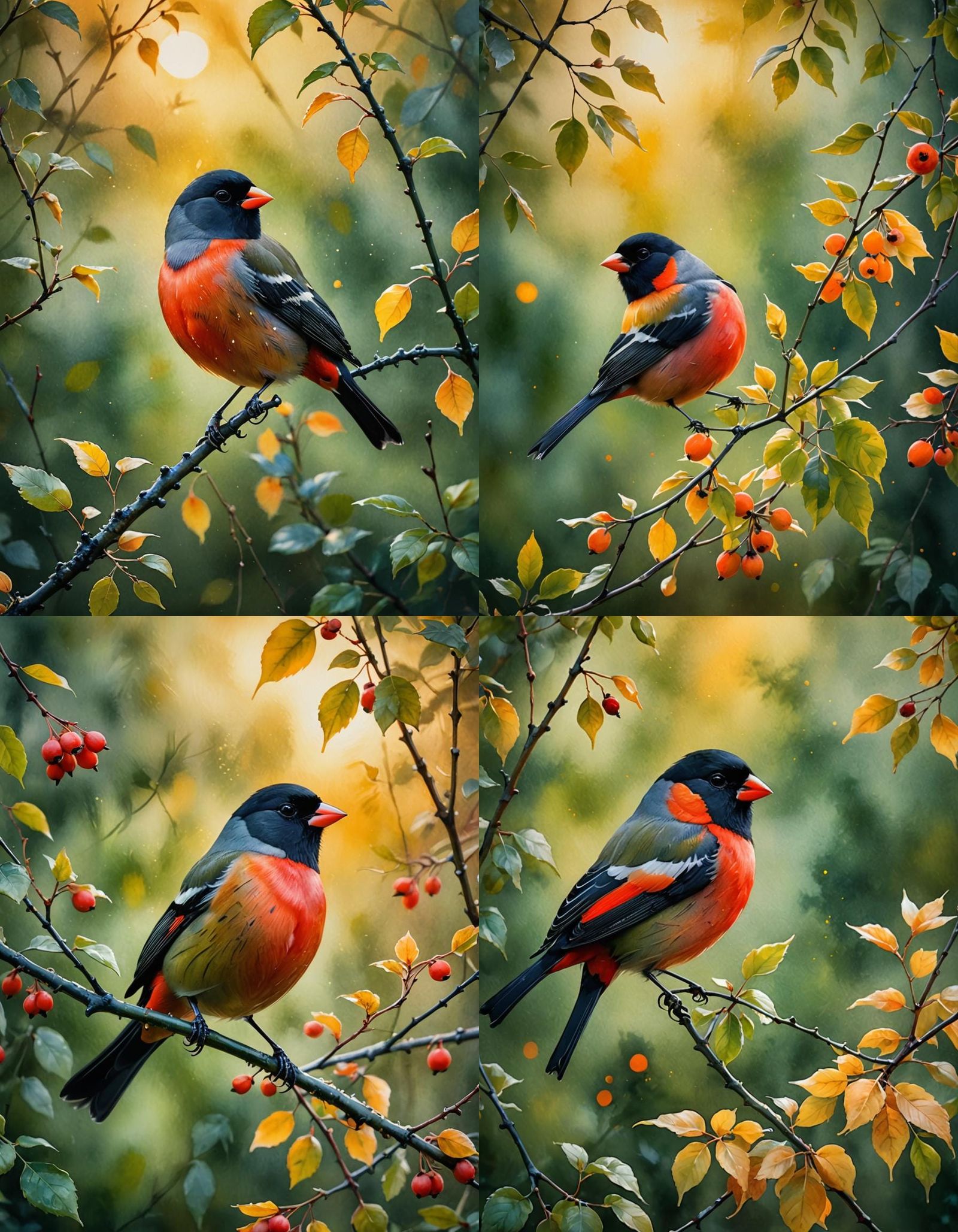 Red Bullfinch in Glass Watercolor at Sunset