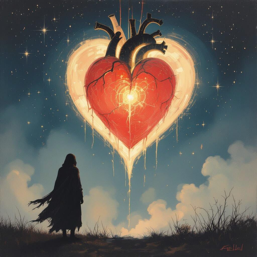 Pulsating Heart in the Night Sky: Abstract Expressionist Sil...