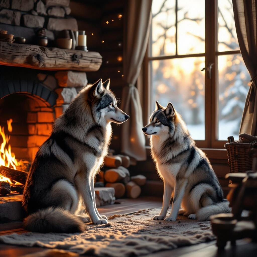 Wolves Meet by Fireplace in Cozy Cabin, Hyperrealistic Style