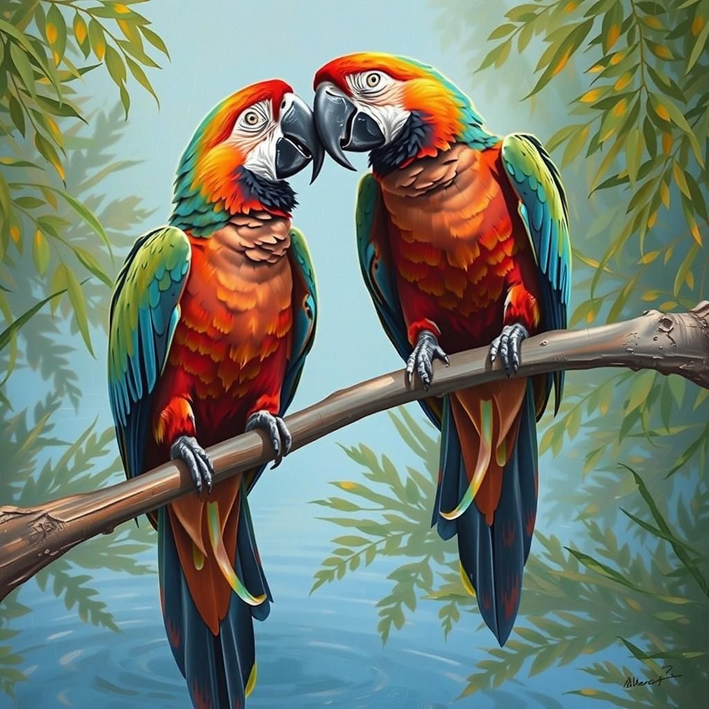 Hyacinth Macaws Exchange Kisses: An Impasto Painting