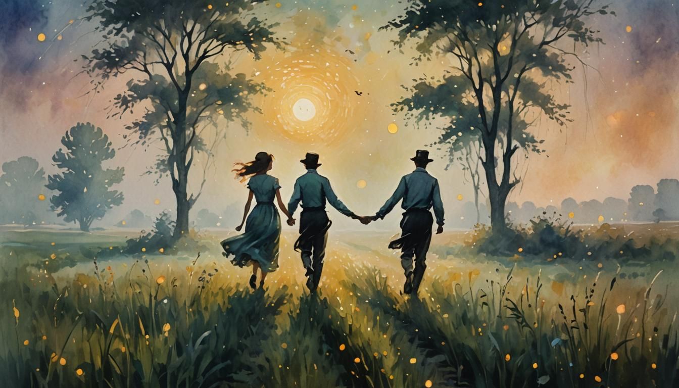 Romantic Couple in Impressionistic Moonlit Field