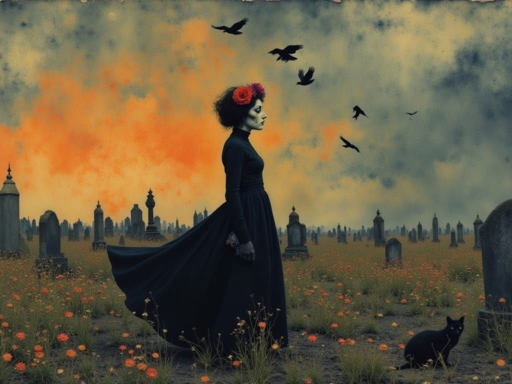 Dia de Los Muertos Woman Walking in Ethereal Cemetery