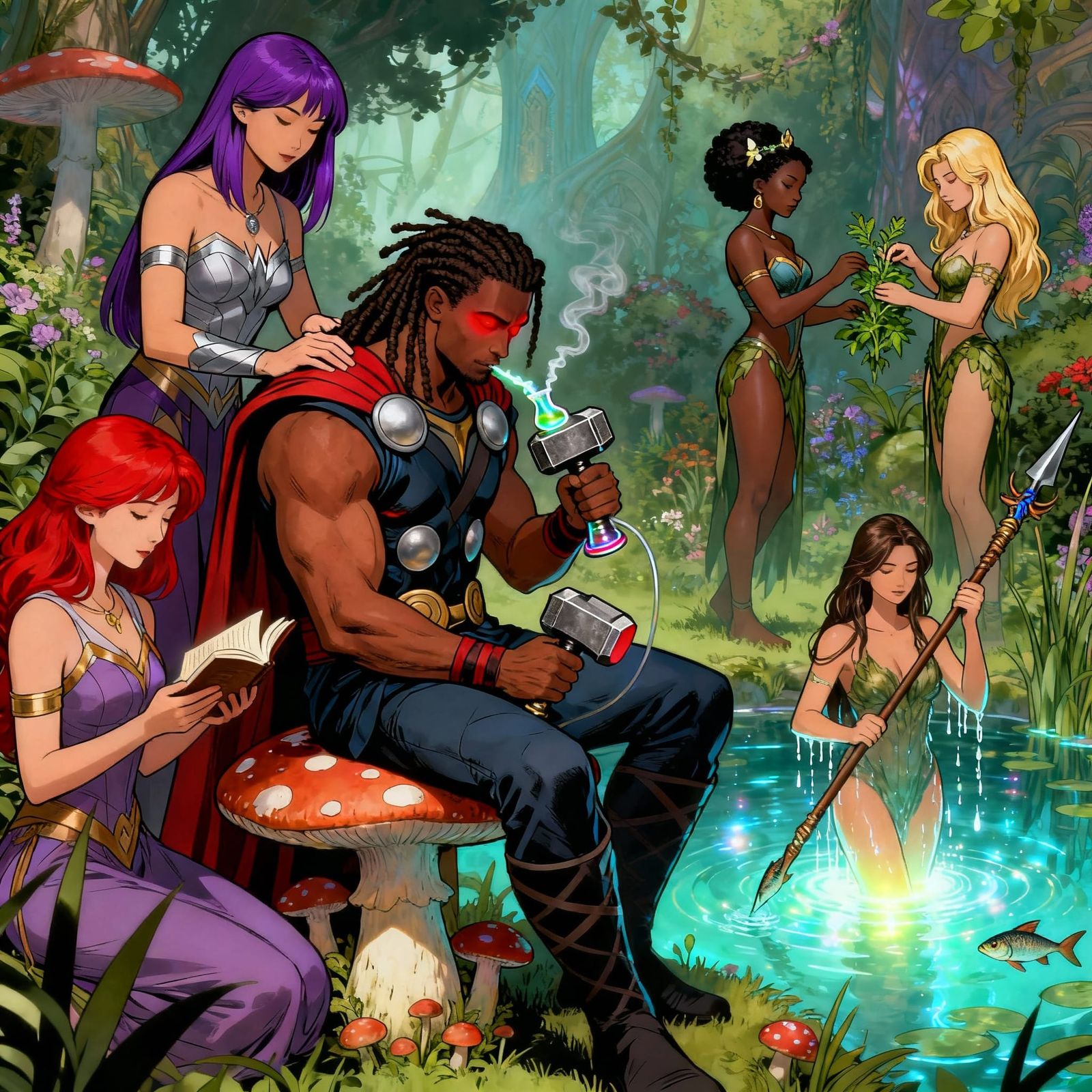 Thor's Blissful Asgardian Retreat in Comic Art Style