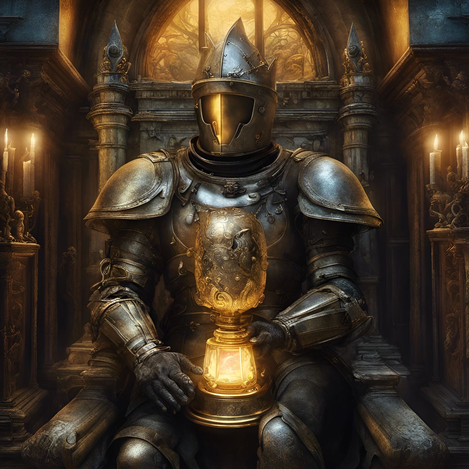 Steampunk Knight with Golden Chalice in Art Nouveau Style