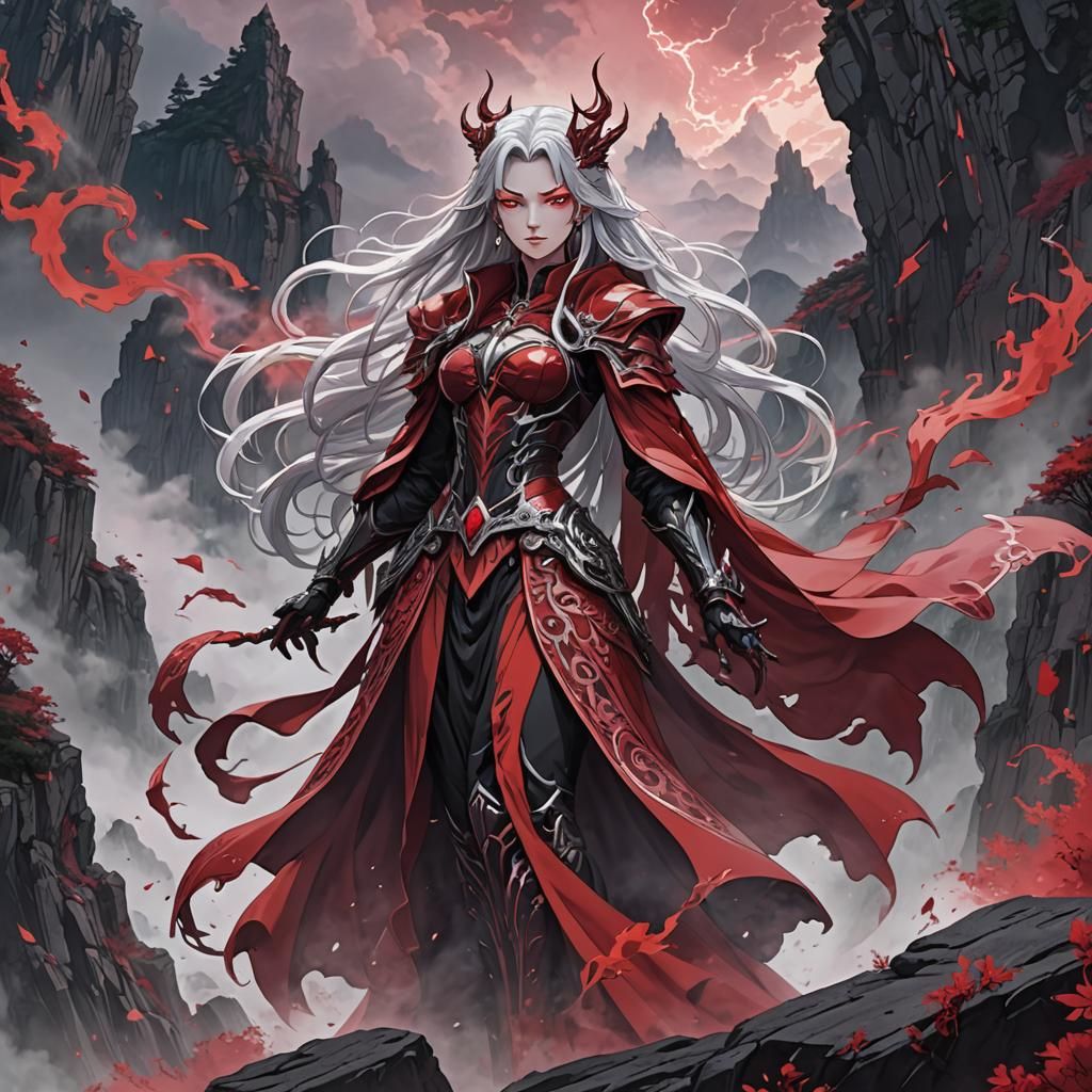 Crimson Witch Queen on Misty Cliff in Anime Style