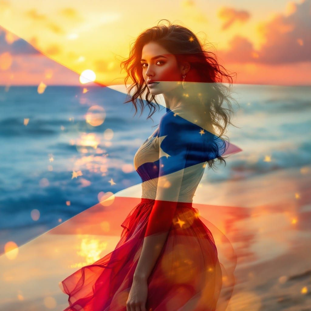 Puerto Rican Sunset Goddess Amidst Tropical Dreamscape