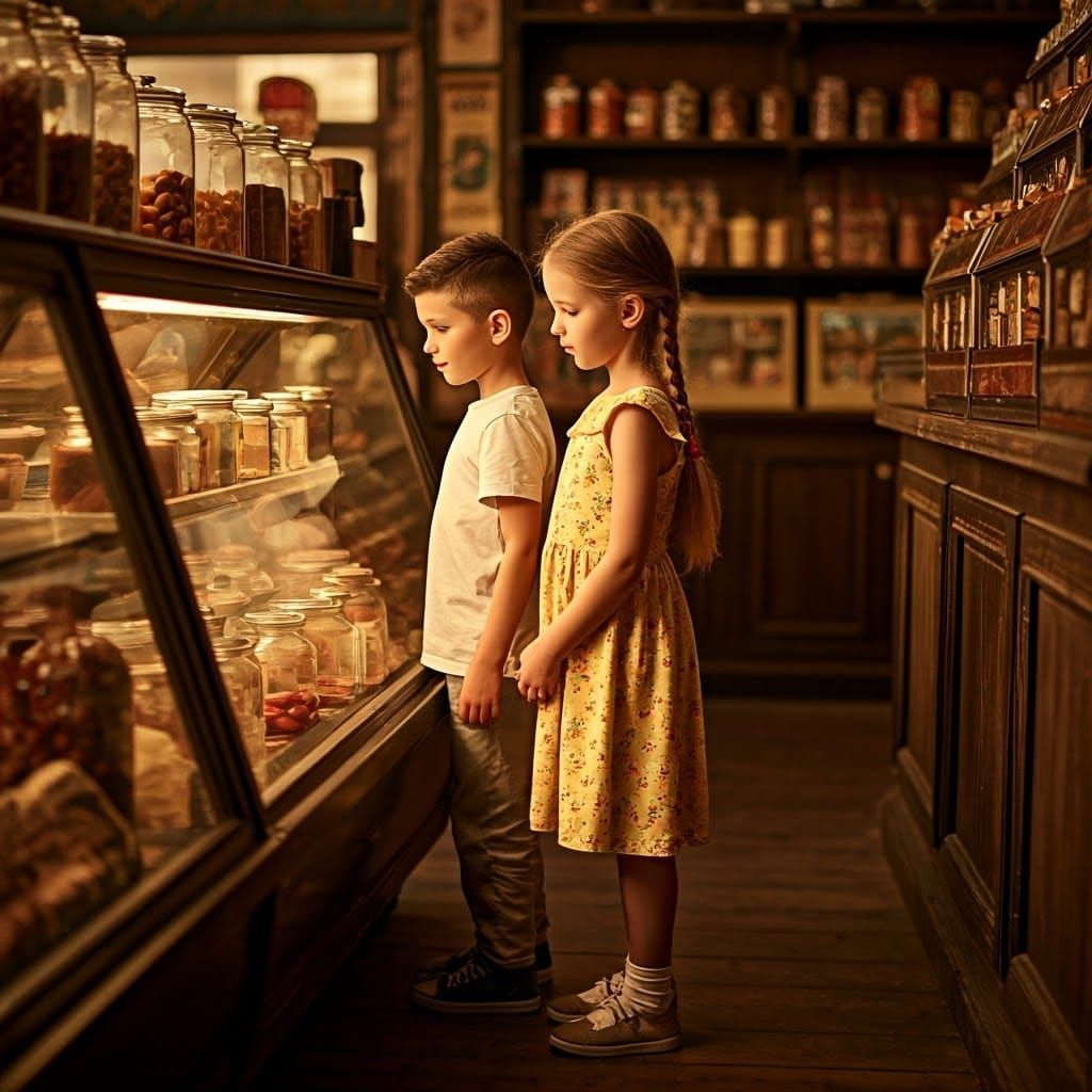 Innocent Curiosity in a Nostalgic Corner Grocery Store