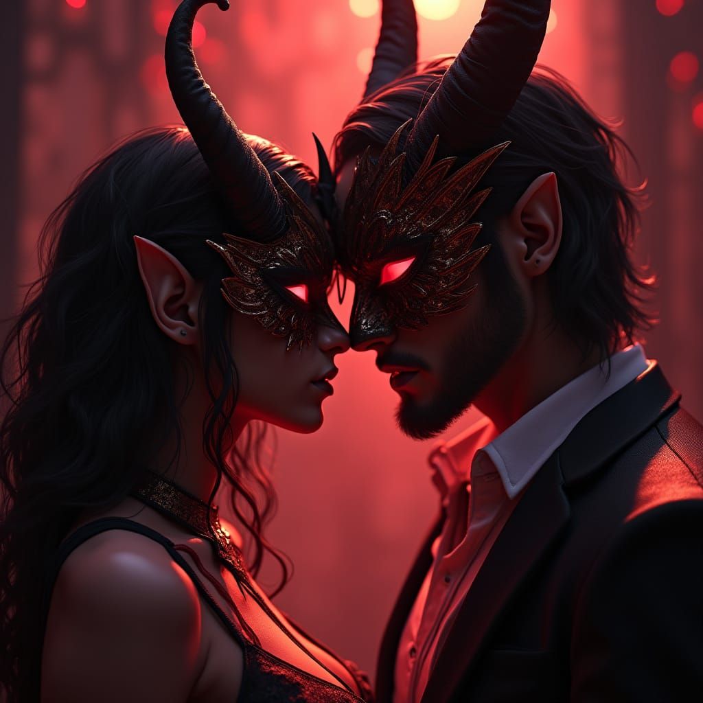 Seductive Devils in 3D Anime Style with Ornate Masks