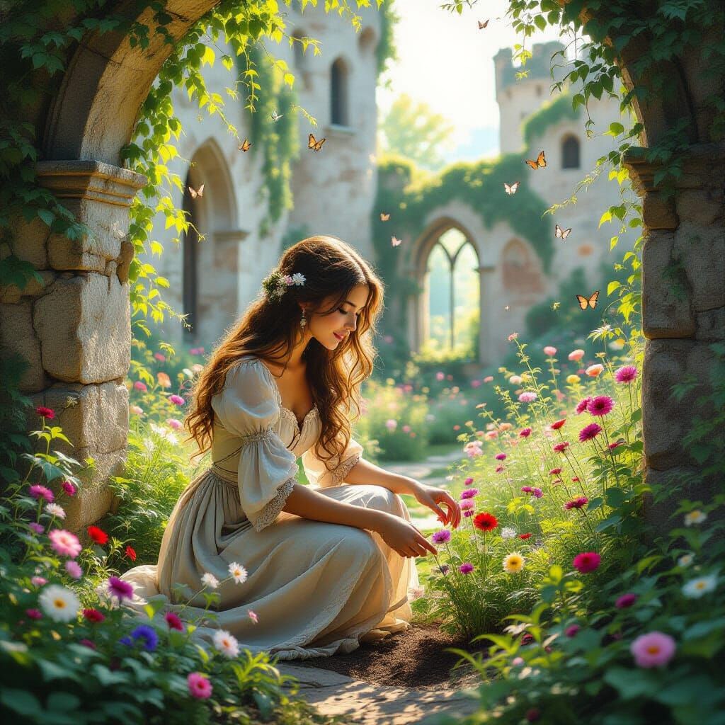 Secret Garden in Castle Ruins: An Art Nouveau Vision