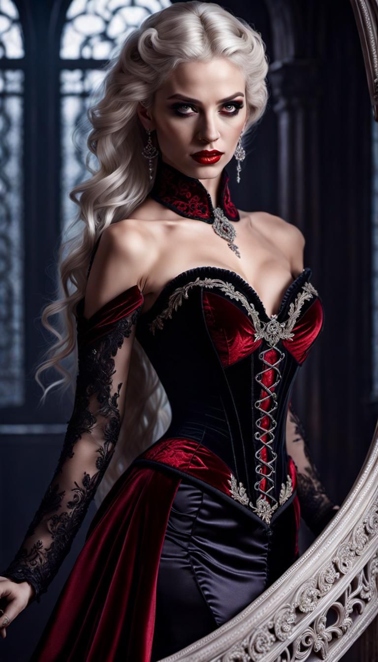 Vampire Woman in Red Gown, Detailed Digital Art