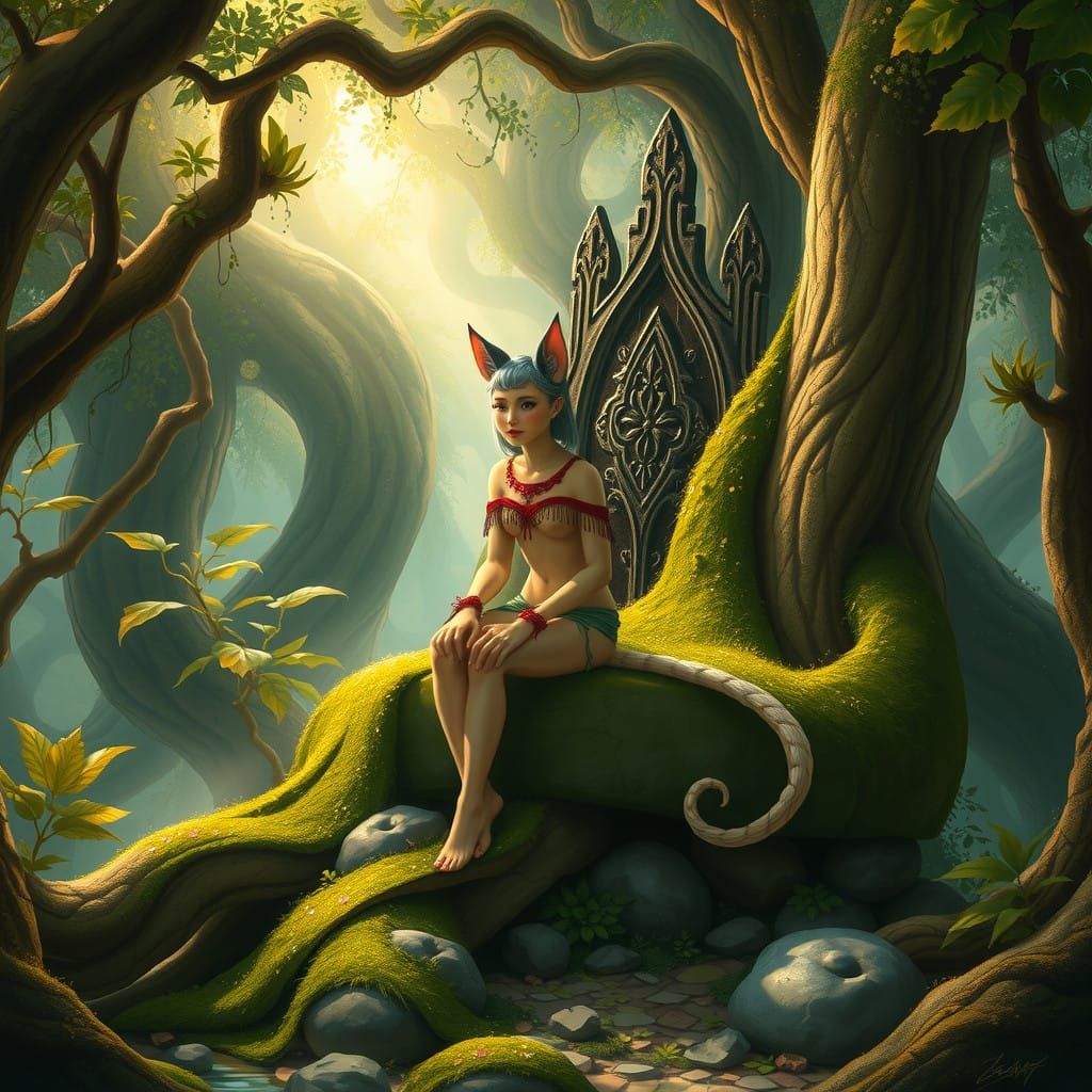 Mystical Feline Figure Reigns in Whimsical Forest