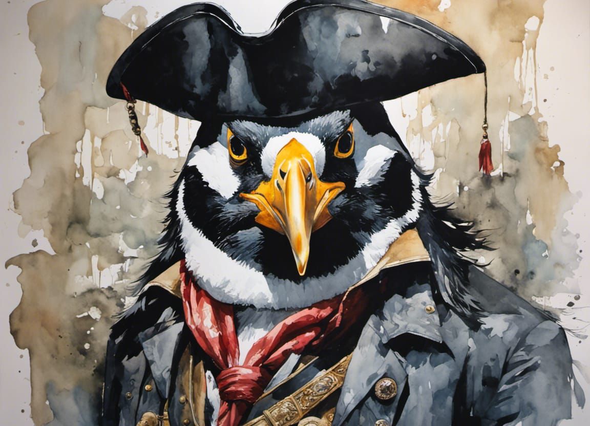 Angry Penguin Pirate Captain Portrait in Watercolor