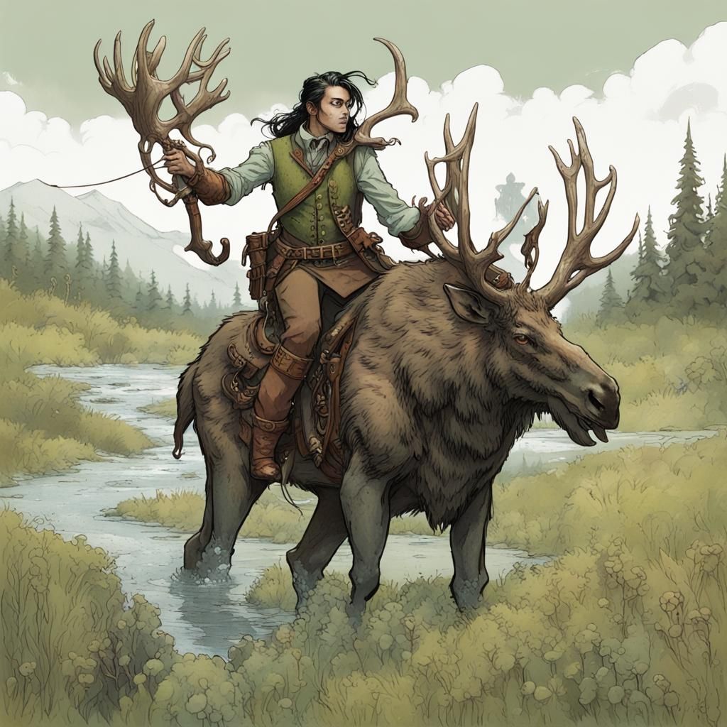 Half-Elf Half-Orc Hunter Tracks a Moose