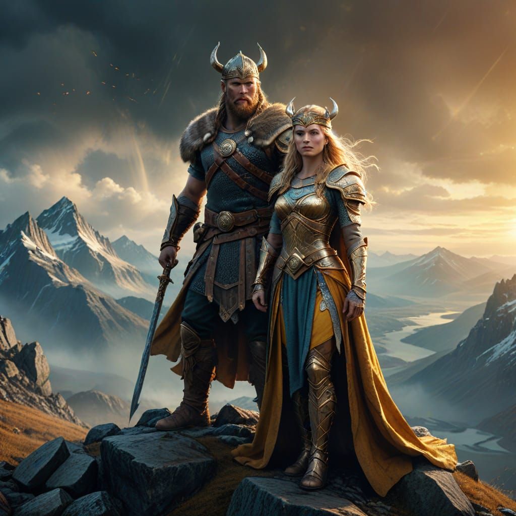 Norse Warrior Kings in Regal Glory on Majestic Mountain