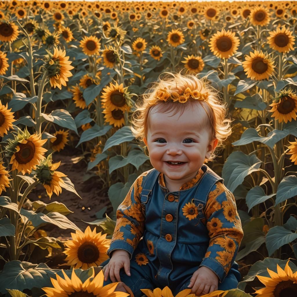 Sunflower Child Portrait in Oil Painting Style