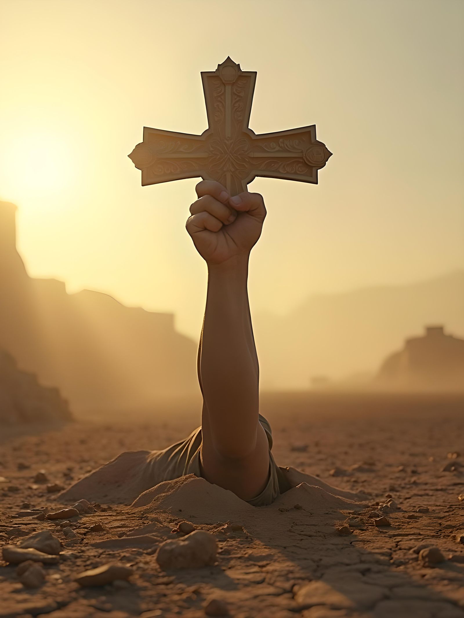 A  muscular arm coming out of the cracked dried ground, poin...