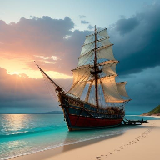 Hyperrealistic Seascape With Ancient Boat