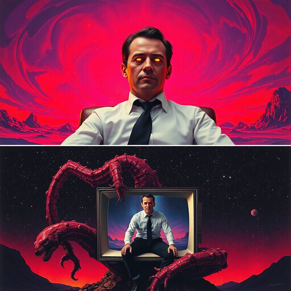 Biomechanical Horror: Man with Glowing Eyes in Cosmic Scene