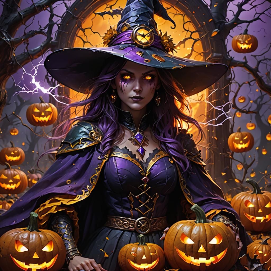 Halloween Witch with Pumpkin Thunder, Digital Art