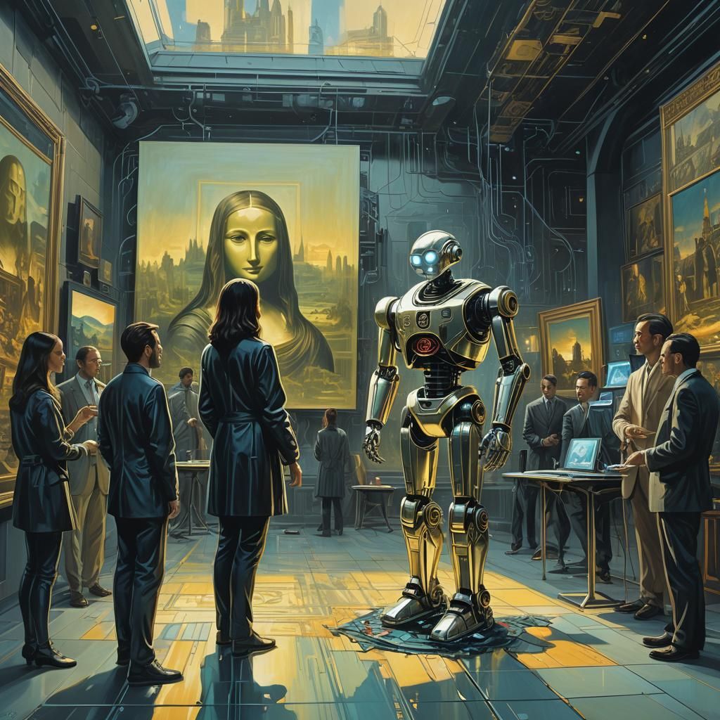 Robot Paints Mona Lisa in Surrealist Cityscape