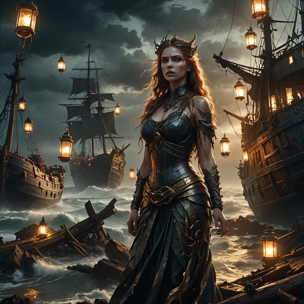 Gothic Siren Amidst Shipwreck on Stormy Island