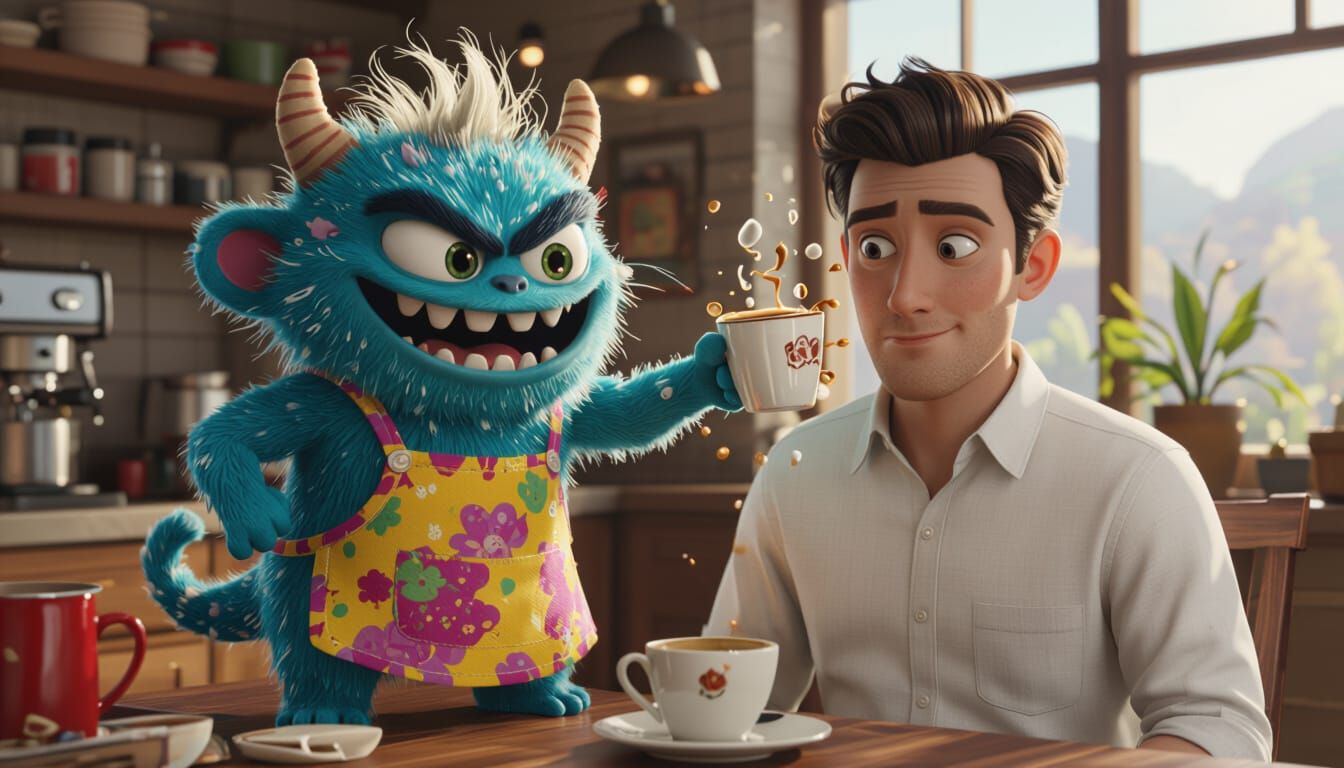 Mischievous Coffee Cup Monster Targeting White Shirts