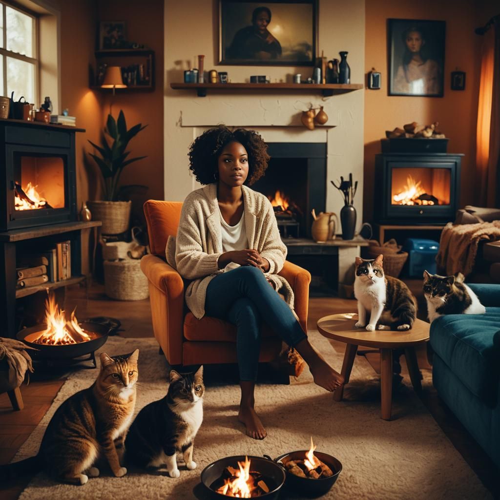 Cozy Living Room Scene with Woman, Cats, and Dog