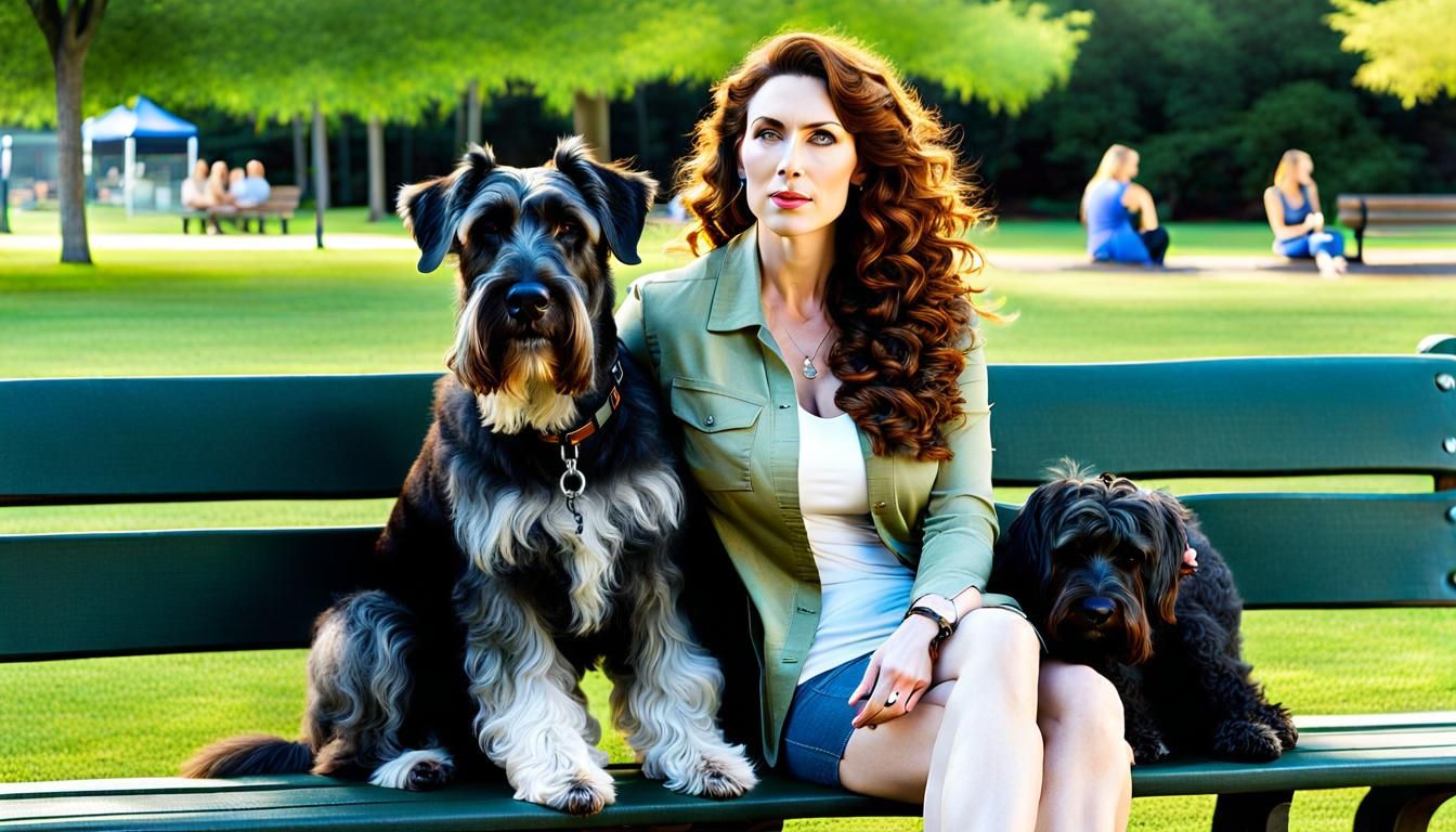 Woman and Giant Schnauzer at Dog Park