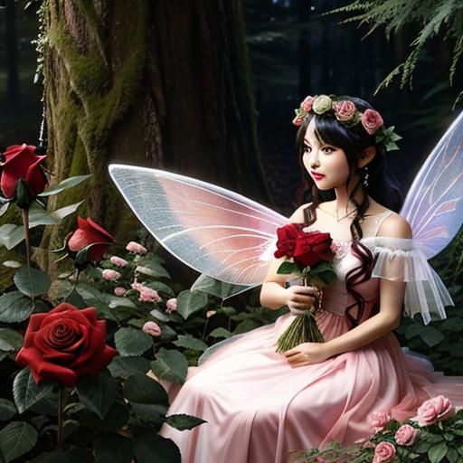 Ethereal Rose Fairy in a Floral Garden