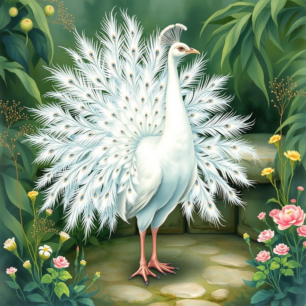 Majestic Peacock Displaying Feathers in Watercolor Style