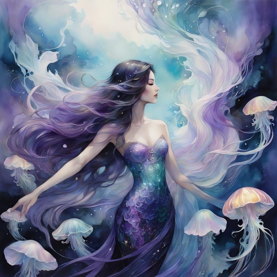 Ethereal Mermaid Dances with Iridescent Jellyfish in a Dream...