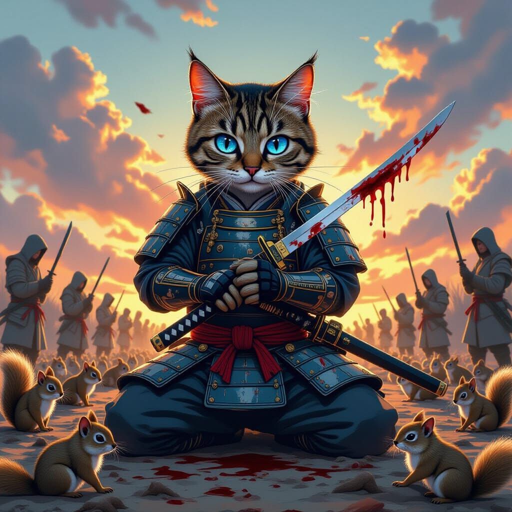 Samurai Cat Praying on Battlefield in Gritty Style