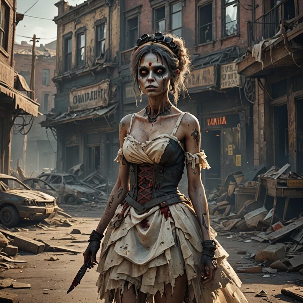 Zombie Bride Wanders Apocalyptic Town: Detailed Matte Painti...