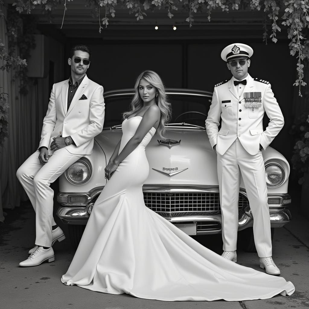 Glamorous Woman with Men in Vintage Fashion Photo
