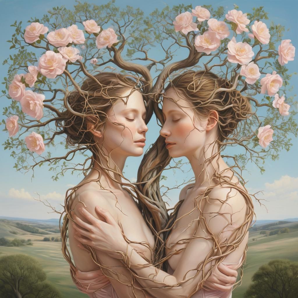 Entwined Tree Spirits in Surreal Embrace