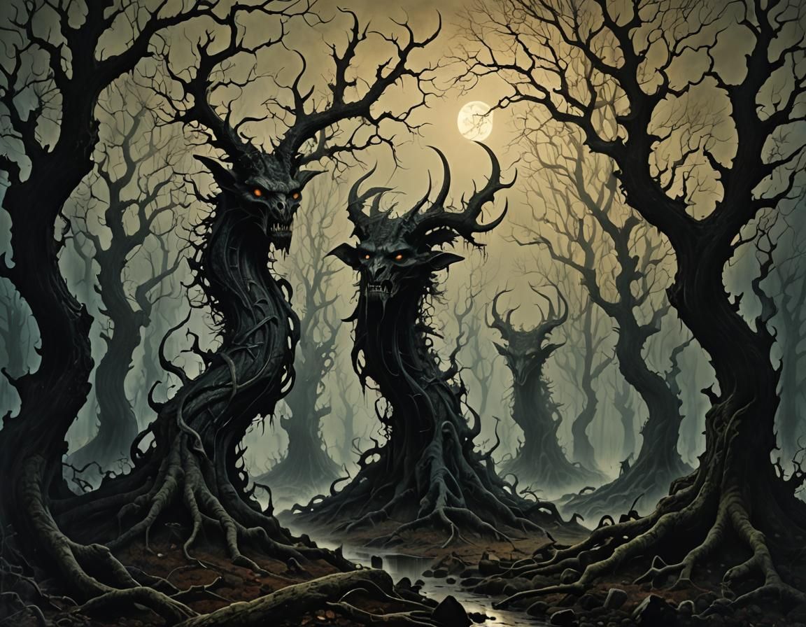 Dark Gothic Monsters March Through Misty Forest