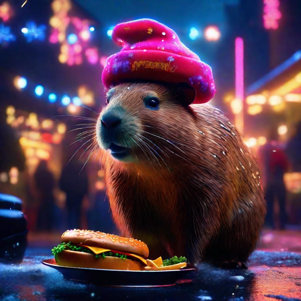 Capybara's Cyberpunk Christmas Feast in Neon Noir