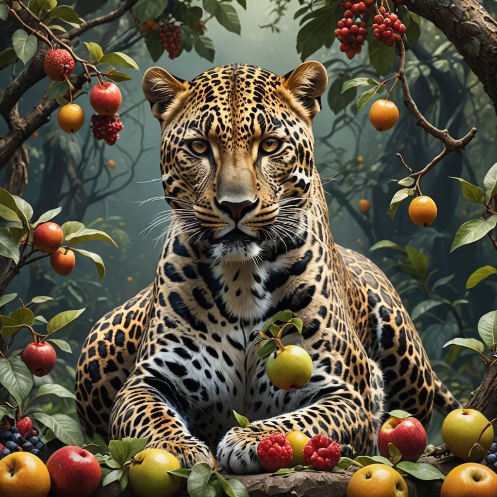 Fantastical Long-Necked Leopard Eating Fruits