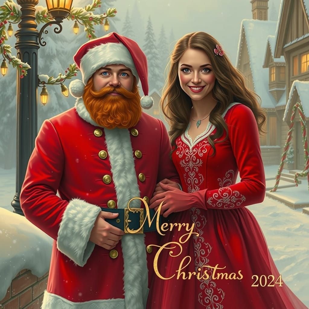 Young Santa Claus with fiery red hair, Mrs. Clause beside him, wearing a traditional red santa suit.