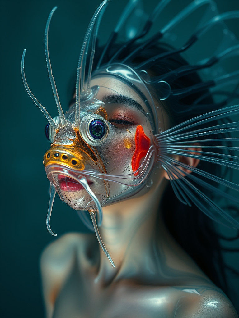 Surreal Lionfish Woman in Underwater Dreamscape