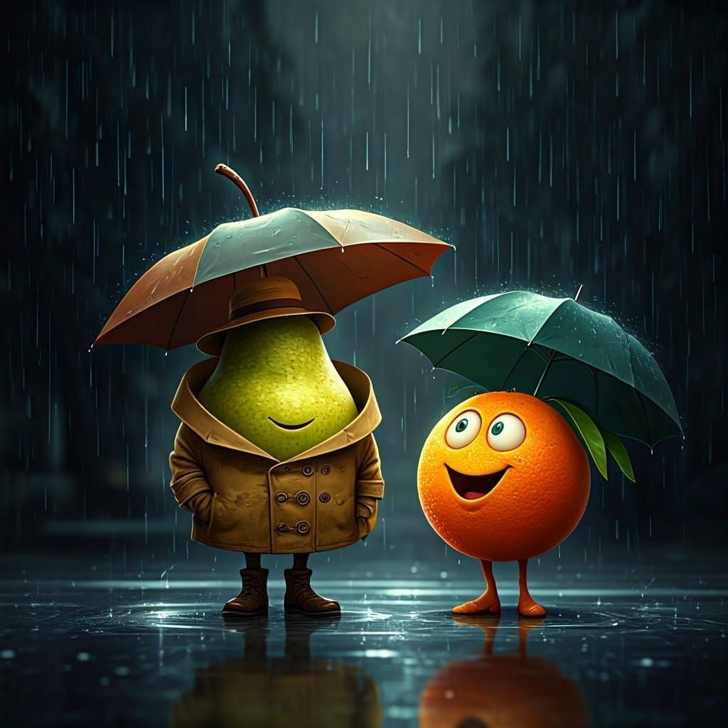 Surrealistic Pear and Orange Encounter in the Rain, in a Cyb...
