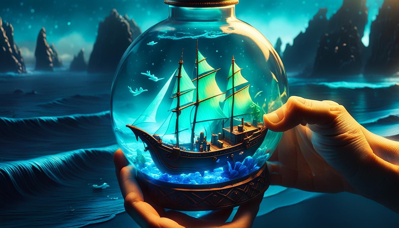 Alien Hand Holding Miniature Boat in Bottle