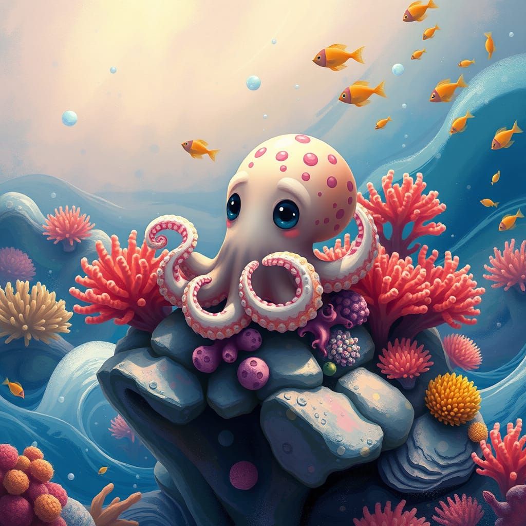 Surreal Whimsical Octopus Surrounded by Vibrant Coral and Se...