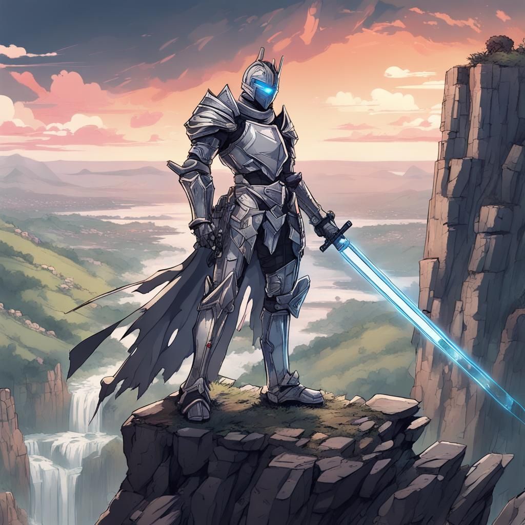 Cyber Knight Overlooks Ruined Kingdom in Anime Style