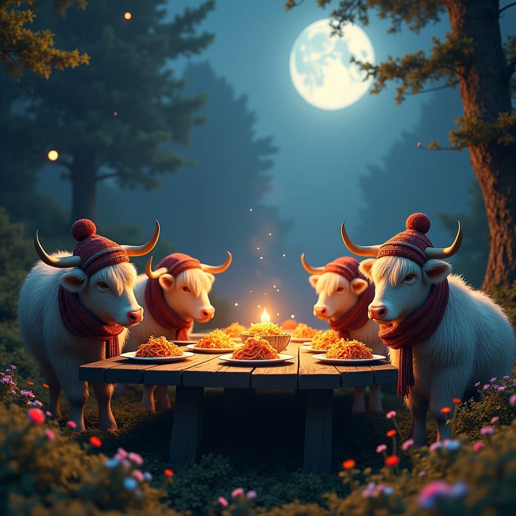 Highland Cows Enjoying Spaghetti in Moonlit Glen
