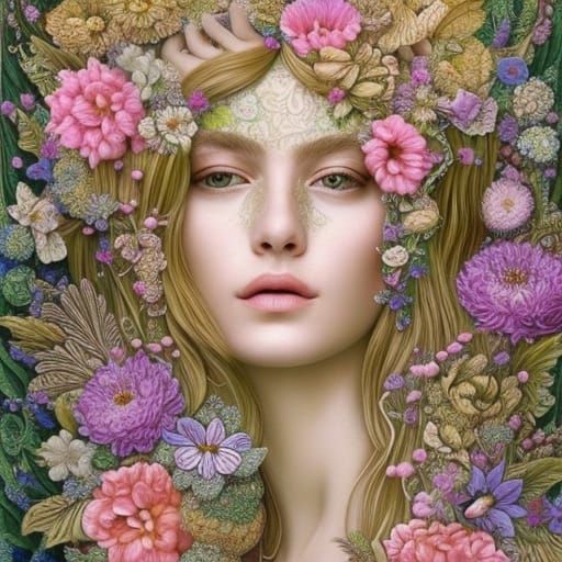 Ethereal Goddess Covered in Flowers: Hyperrealistic Masterpi...